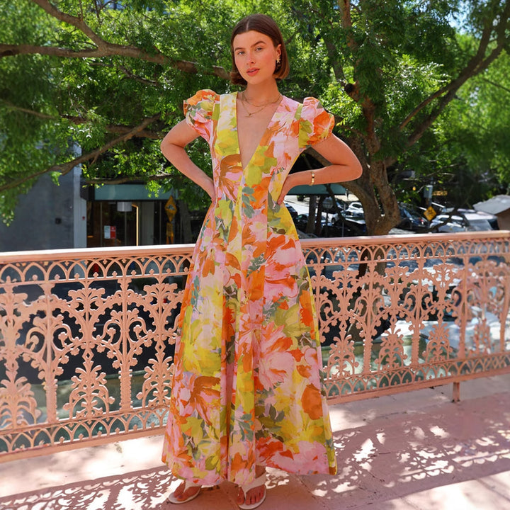 Women's maxi dress with deep V-neck and voluminous sleeves Lune London