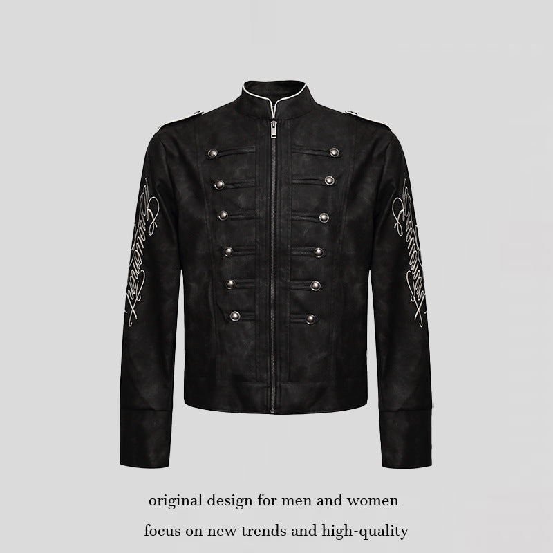 Men's military-inspired leather jacket with stand-up collar, decorative button rows, and embroidered sleeves Amarae
