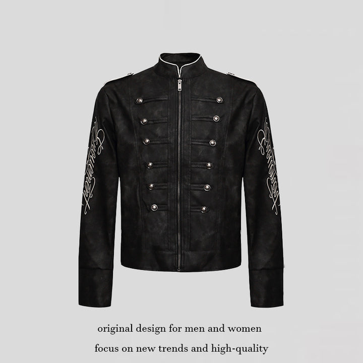 Men's military-inspired leather jacket with stand-up collar, decorative button rows, and embroidered sleeves Amarae