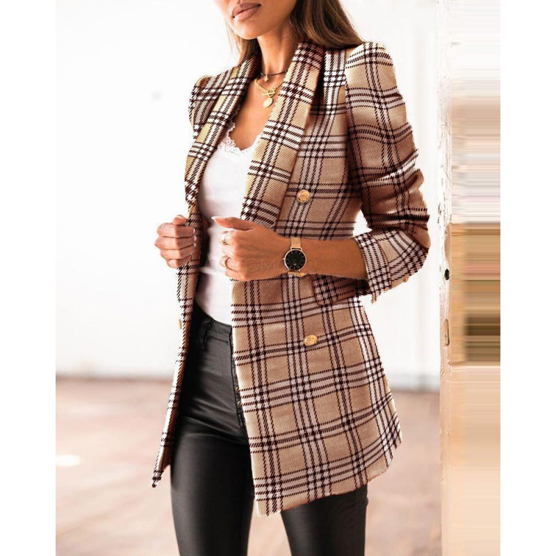 Blazer jacket for women with a modern design in tweed featuring a double-breasted button closure and stitched details Lune London