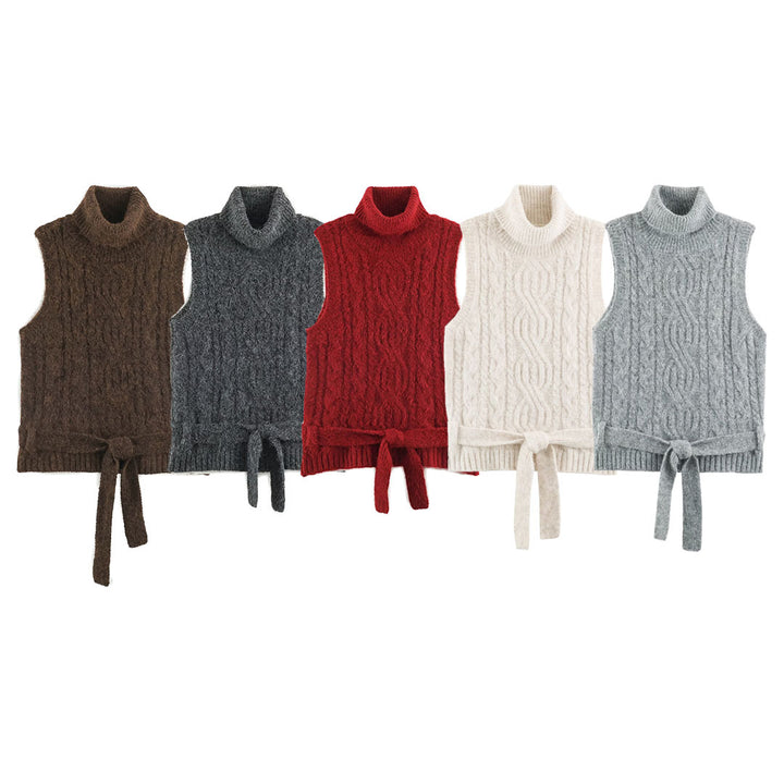 Women's Sleeveless Cable Knit Vest with Roll Neck and Ties Amarae