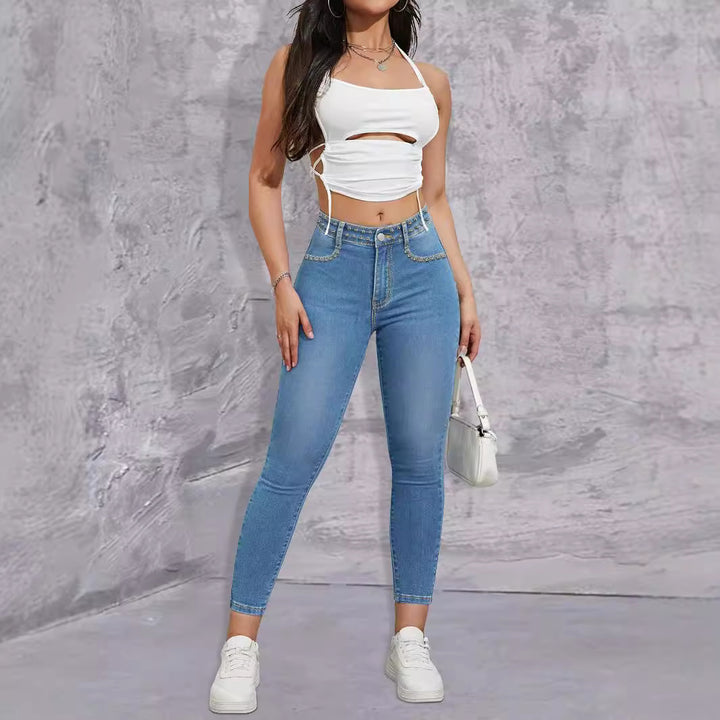 Ladies high-waisted skinny jeans with rhinestone embellishments and ankle-length cut Amarae