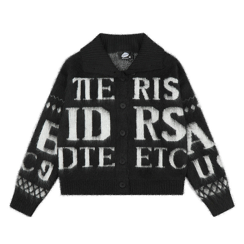 Women’s oversized mohair cardigan with button placket, large lapel collar, and typographic all-over print Amarae