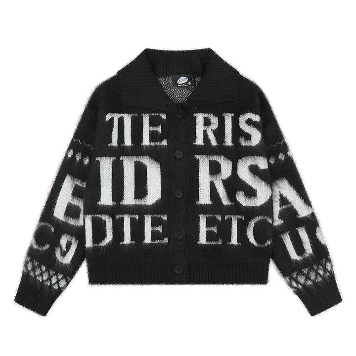 Women’s oversized mohair cardigan with button placket, large lapel collar, and typographic all-over print Amarae