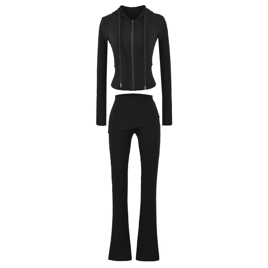 Women's Ribbed Lounge Set with Hooded Jacket and Wrap Waist Pants Amarae