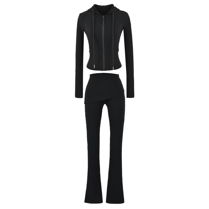 Women's Ribbed Lounge Set with Hooded Jacket and Wrap Waist Pants Amarae
