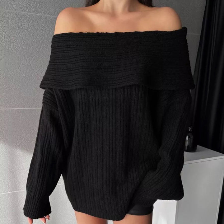 Pull en tricot surdimensionné pour femmes avec design épaules dénudées et texture à fines côtes Chic & Stil