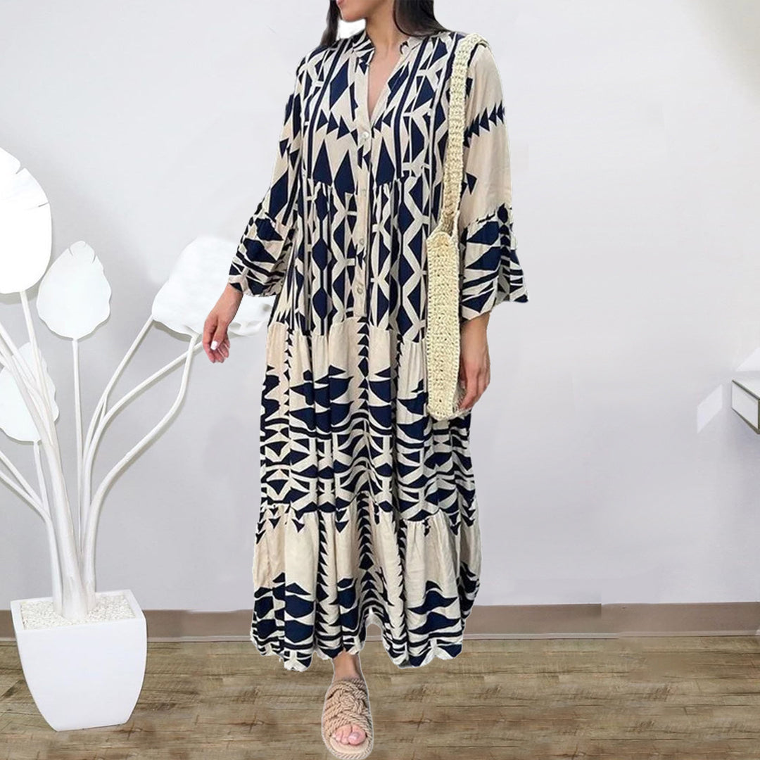 Women's Loose Maxi Dress in Boho Style with Graphic Print, V-Neck and Button Placket Amarae