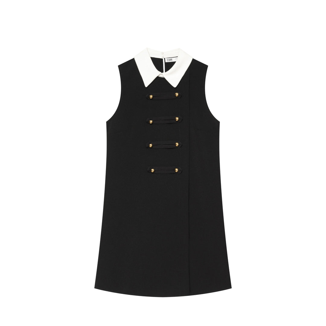 Women's Sleeveless A-Line Mini Dress with Contrasting Shirt Collar and Decorative Button Plackets Amarae
