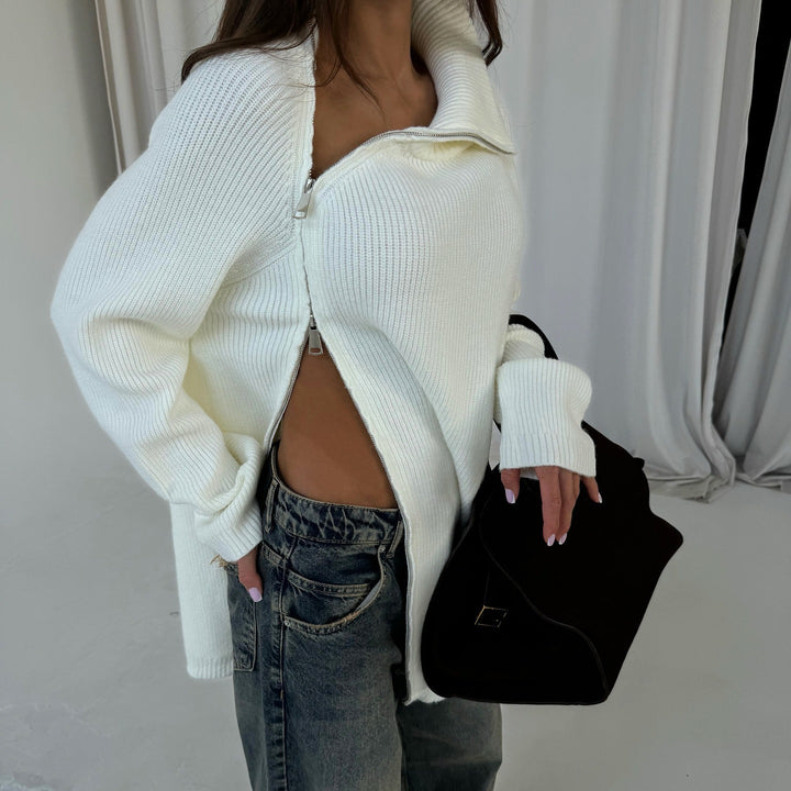 Oversized knitted sweater for women with modern high collar Lune London