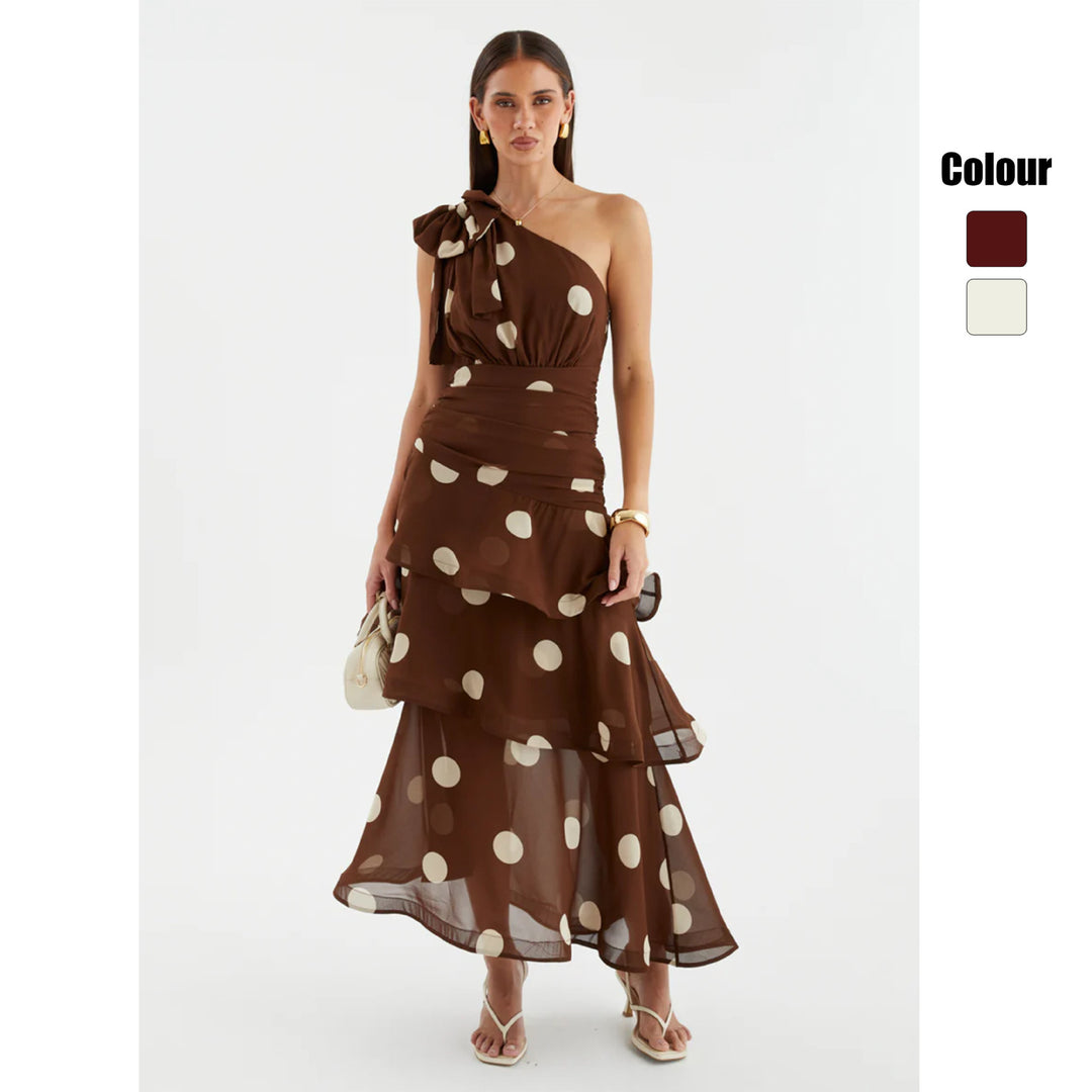 Women's maxi dress with asymmetrical shoulder design and voluminous skirt Lune London