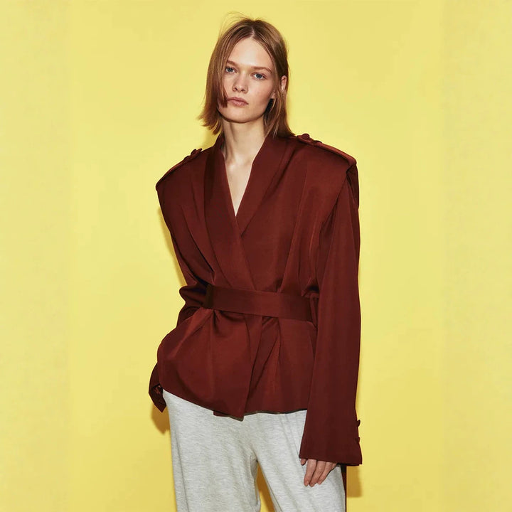 Women Tailored Wrap Blazer with Wide Belt and Decorative Epaulettes Amarae