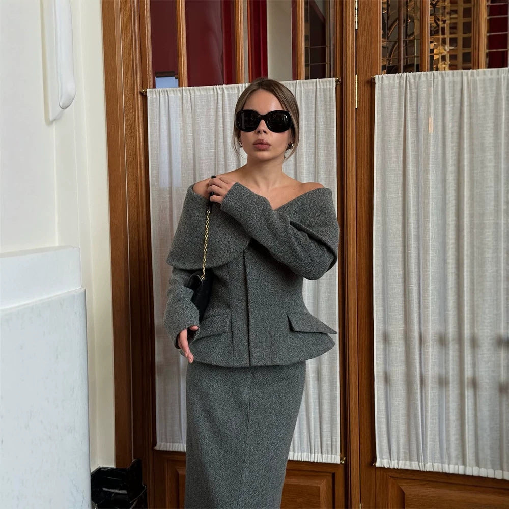 Women Elegant Boucle Set with Off-Shoulder Jacket and Fitted Pencil Skirt Amarae