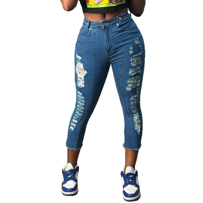 Women's high-cut ankle-length skinny jeans with generous rip details and raw hem Amarae
