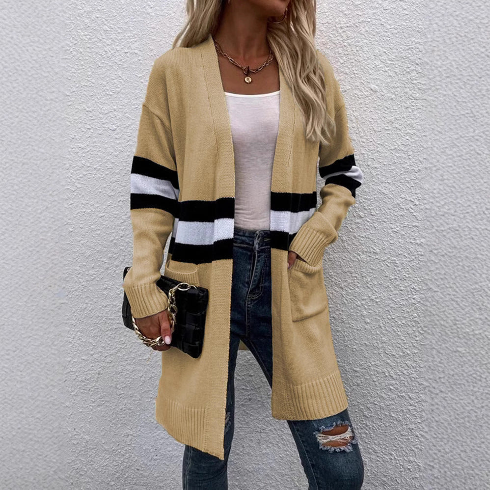 Ladies elegant knitted jacket with wide stripes and pockets Lune London