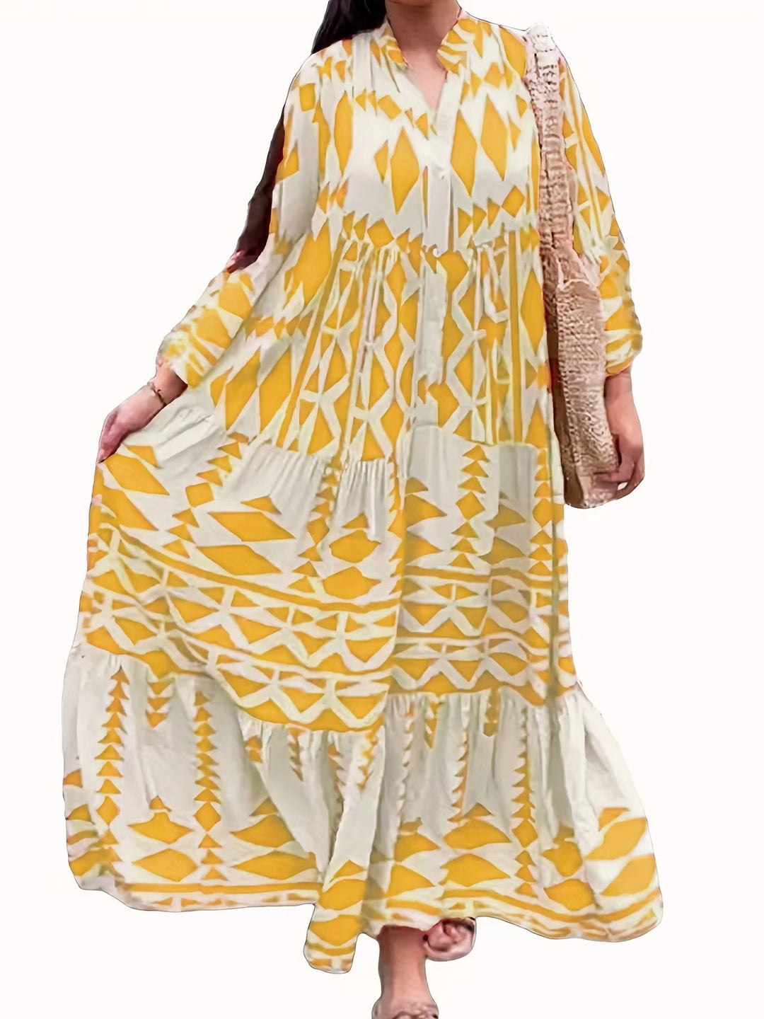 Women's Loose Maxi Dress in Boho Style with Graphic Print, V-Neck and Button Placket Amarae