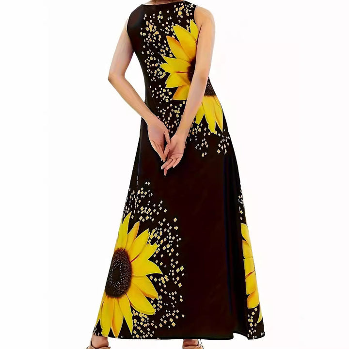 Women's maxi dress with colorful sunflower pattern and practical pockets Lune London