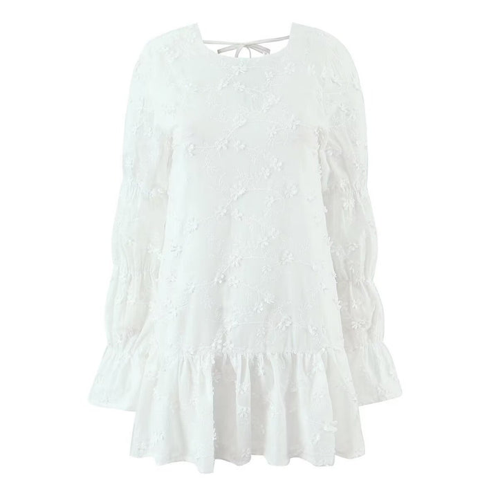 Airy tunic dress for women with floral embroidery and lace hem Lune London