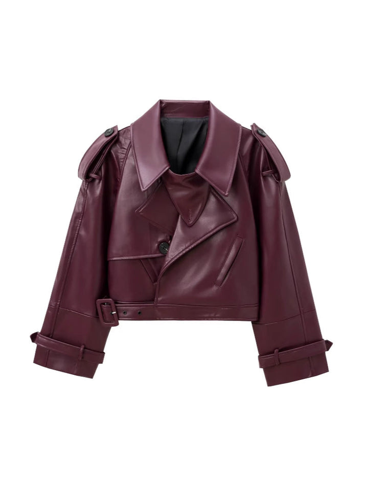 Women's Cropped Leather Motorcycle Jacket with Asymmetric Lapel Amarae