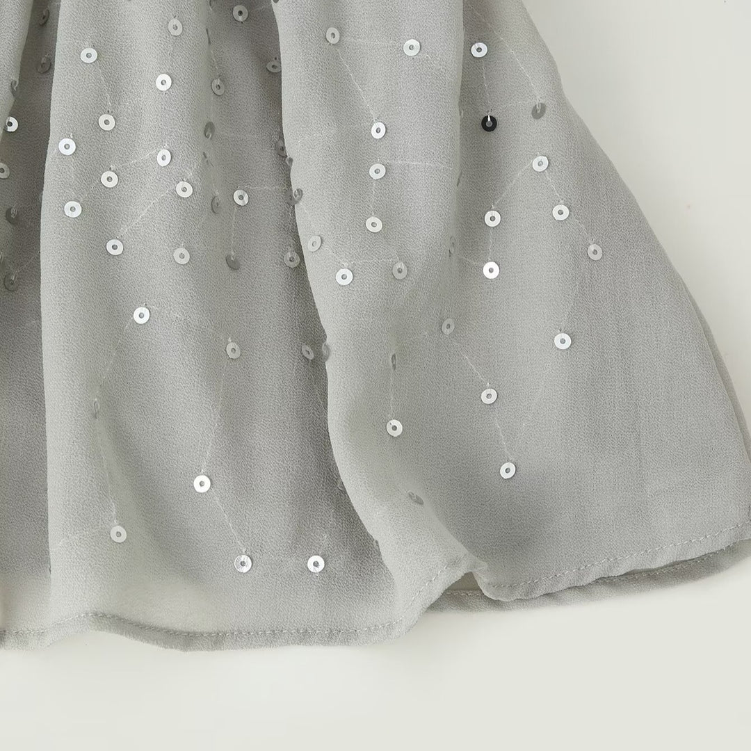 Women Chiffon Mini Dress with Ruffled Collar, Balloon Sleeves and Sequin Decoration Amarae