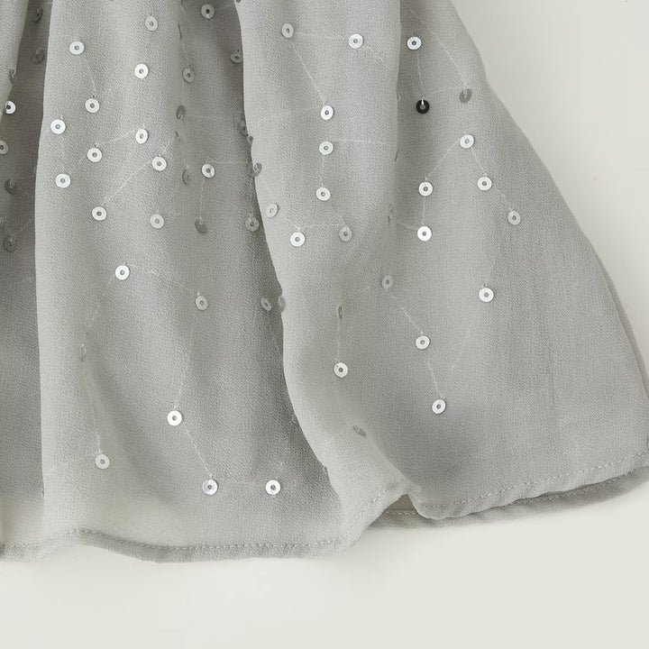 Women Chiffon Mini Dress with Ruffled Collar, Balloon Sleeves and Sequin Decoration Amarae
