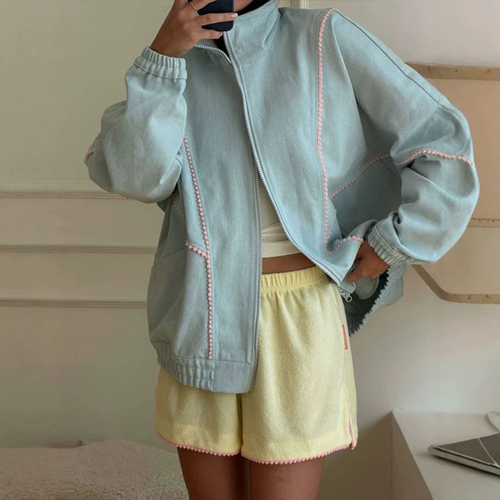 Women's Terry Loungewear Set with Zip Jacket, Oversized Cut & Pom Pom Trim Amarae