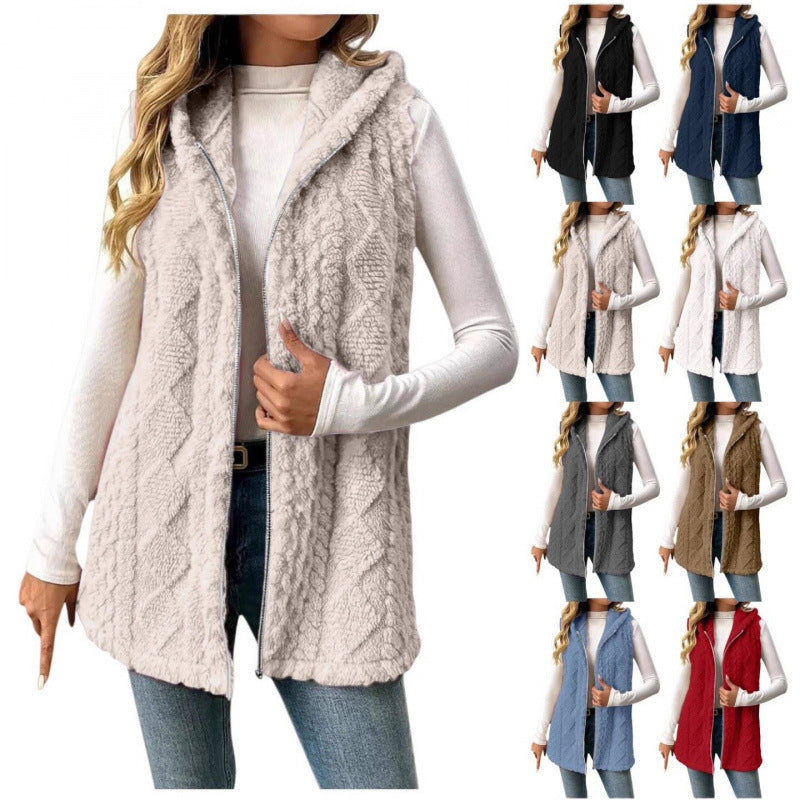 Women's Hooded Teddy Vest with Zipper and Structured Knit Look Amarae