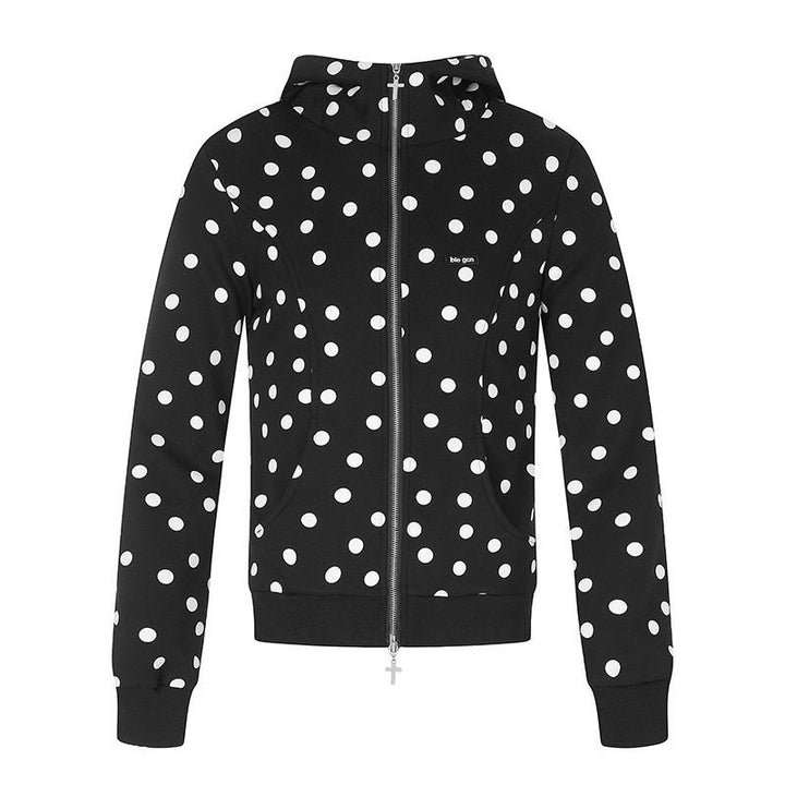 Women's Figure-Hugging Hooded Sweat Jacket with Polka Dot Pattern, Metal Front Zipper and Kangaroo Pockets Amarae