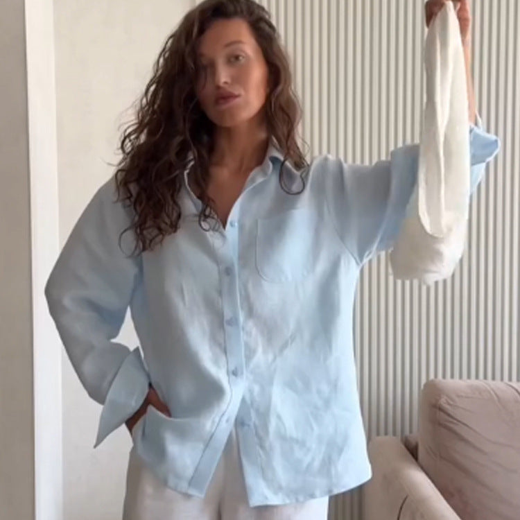Women's Oversized Linen Shirt Blouse with Chest Pocket and Casual Fit Amarae