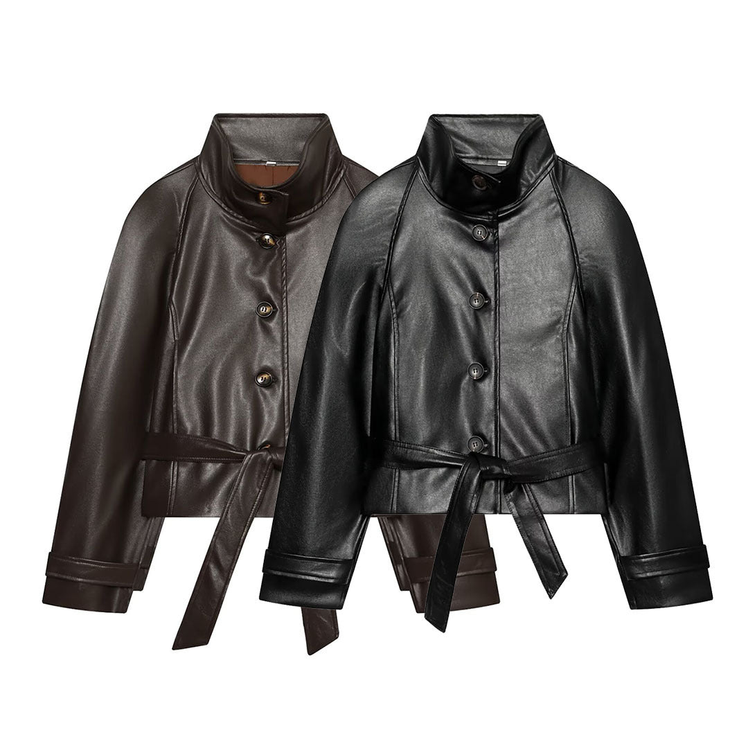 Women's Tailored Cropped Vegan Leather Jacket with Stand Collar and Tie Belt Amarae