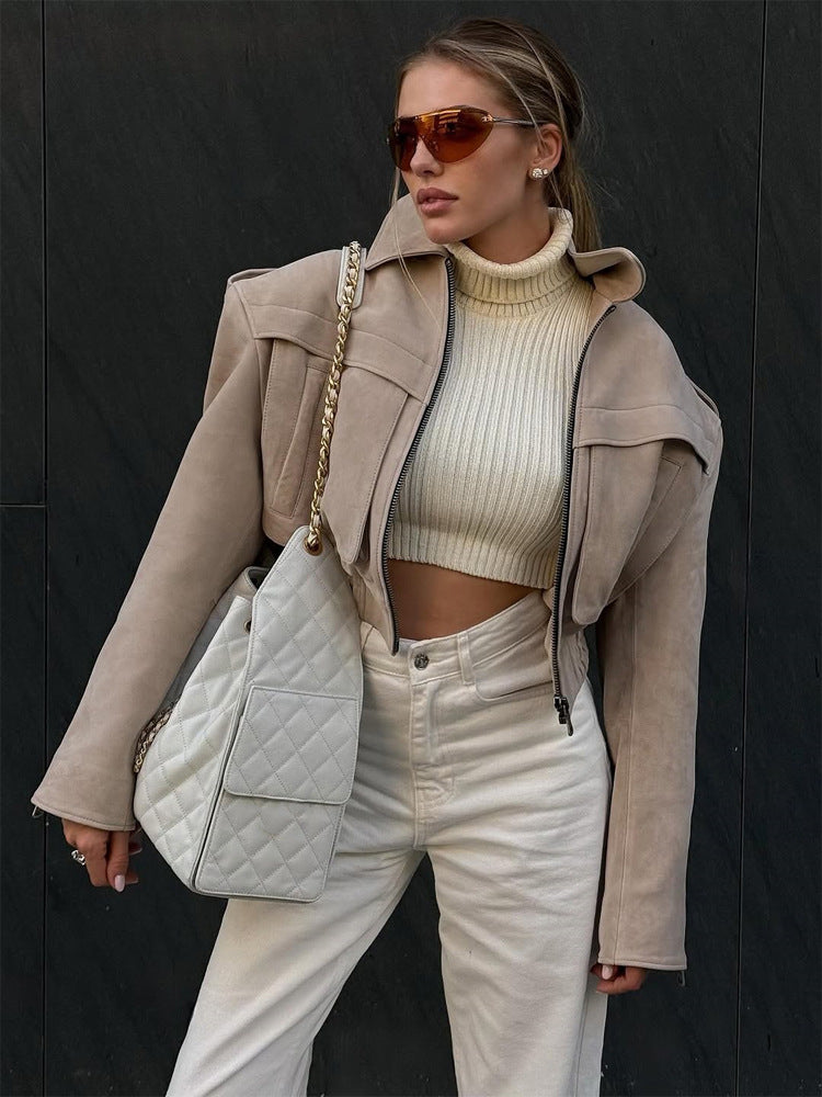 Women short blazer made of suede leather look with oversized shoulder and concealed zipper Amarae