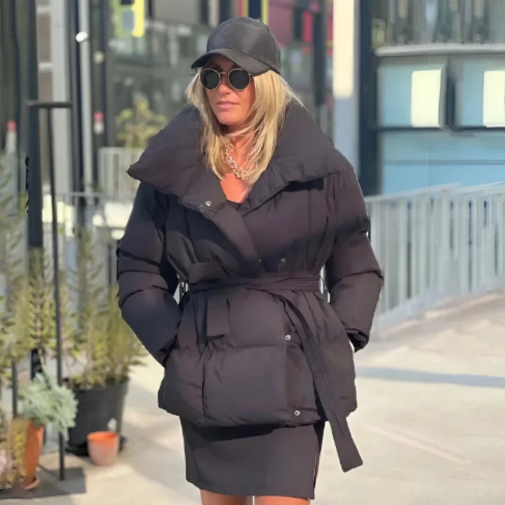 Fashionable women's down jacket with a wide collar and an adjustable belt Lune London