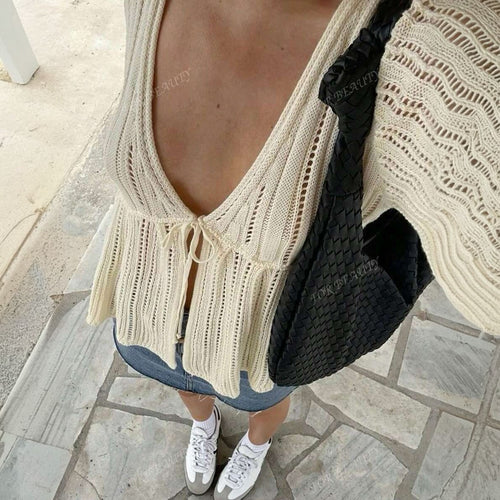 Women airy cardigan with deep V-neck and tie Amarae