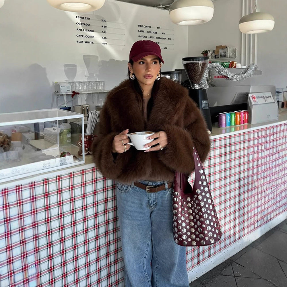 Women's short coat made of vegan high-pile faux fur with oversized shawl collar Amarae