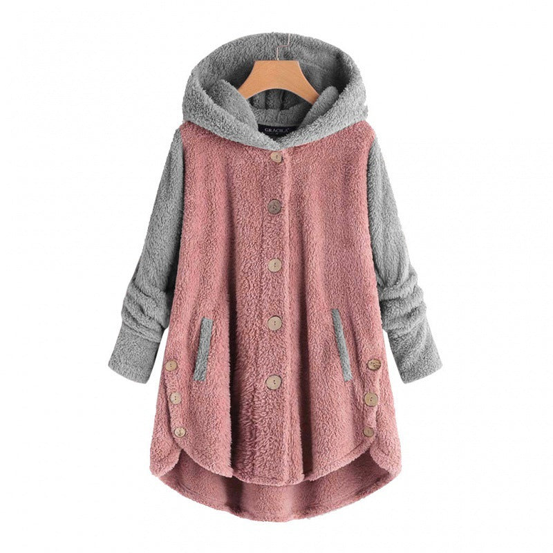 Women's Oversized Teddy Coat with Hood, Asymmetrical Zigzag Hem and Wooden Button Placket Amarae