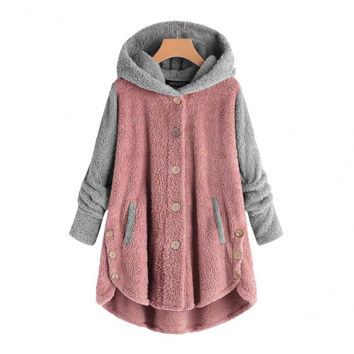 Women's Oversized Teddy Coat with Hood, Asymmetrical Zigzag Hem and Wooden Button Placket Amarae