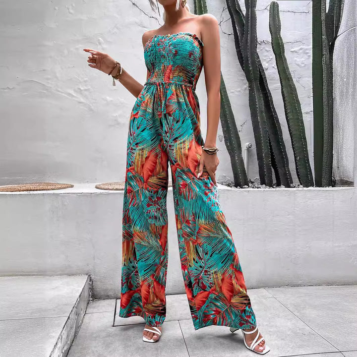 Ladies Sleeveless Tropical Print Wide Leg Jumpsuit Lune London