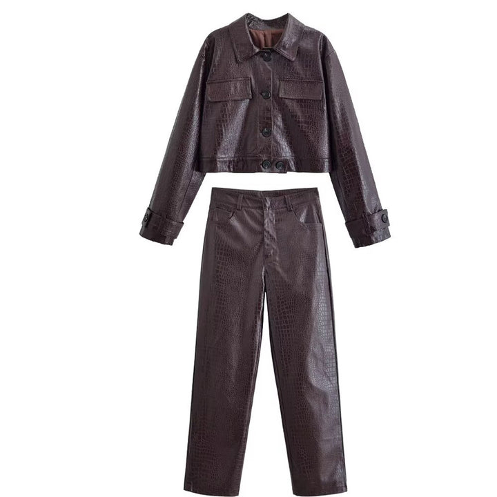 Women High-Waisted Straight-Leg Faux Leather Pants with Crocodile Embossing Amarae