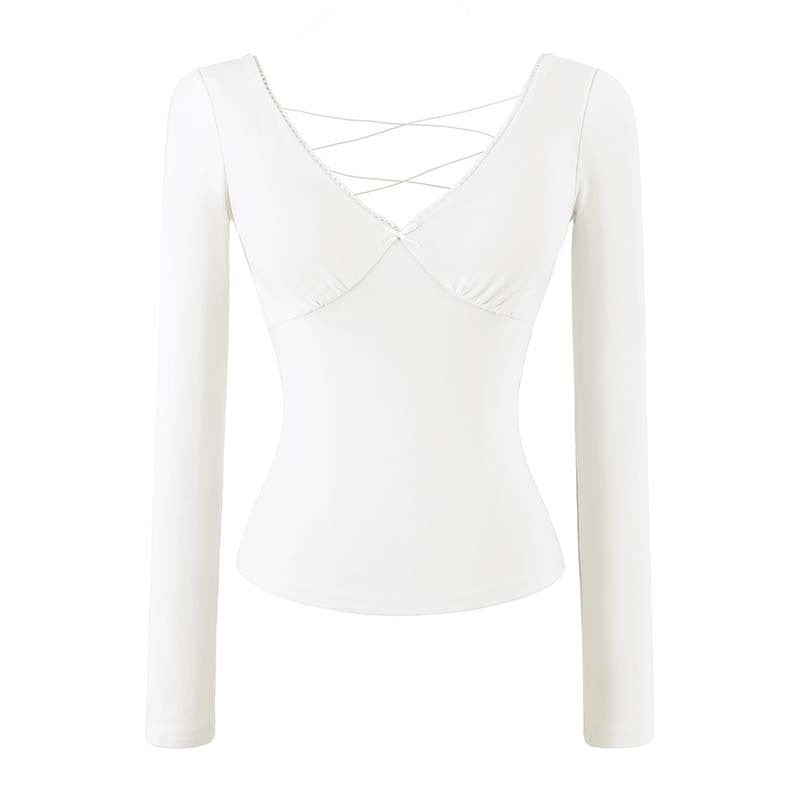Women's Figure-Hugging Long Sleeve Top with Deep V-Neck, Crossed Spaghetti Straps and Lace Edge