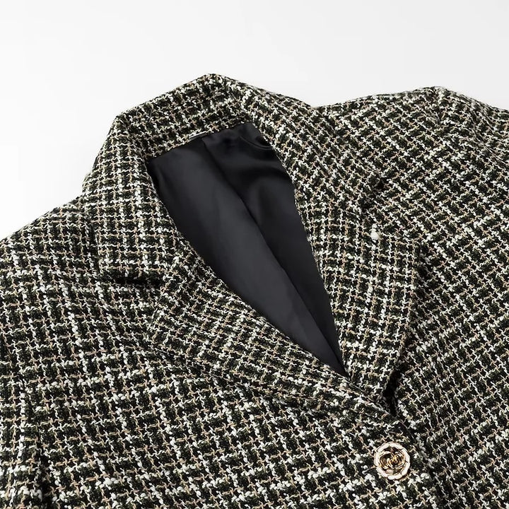 Women’s short blazer in boucle tweed with boxy cropped silhouette and decorative buttons Amarae