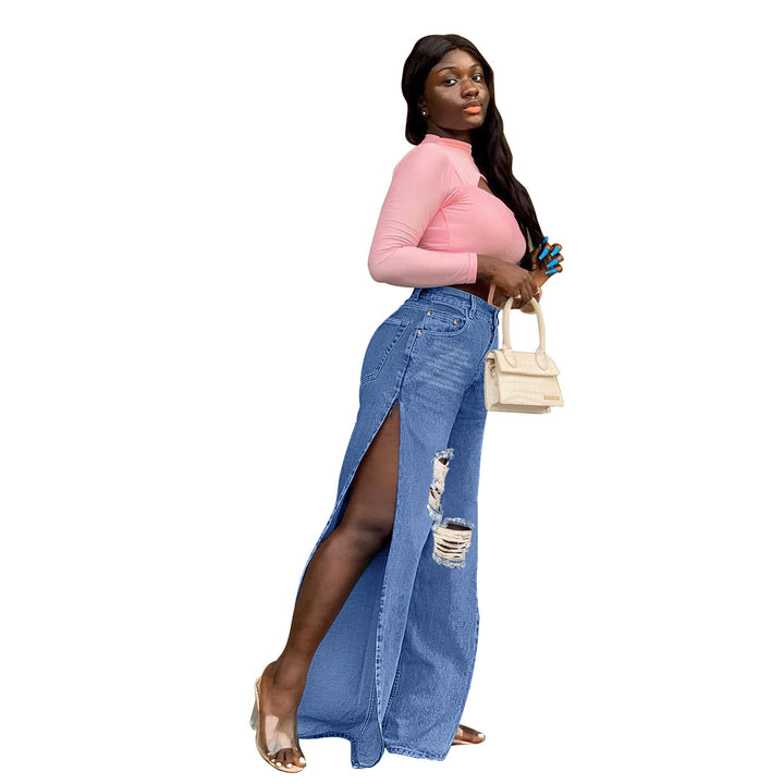 Ladies High-Waisted Wide-Leg Jeans with Knee Rips and Side Slits Amarae