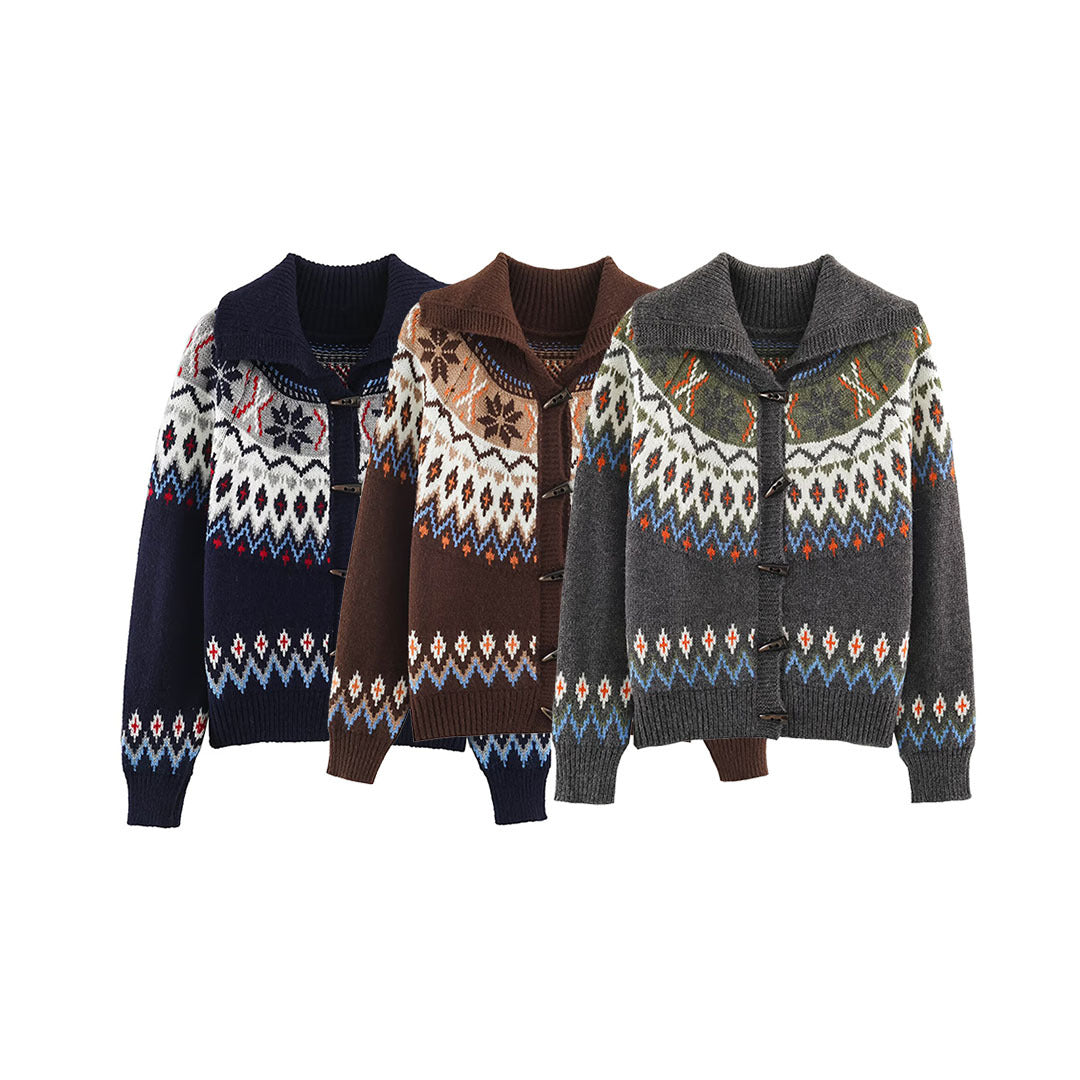 Women Chunky Knit Norwegian Cardigan with Shawl Collar and Horn Button Placket Amarae