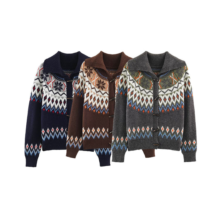 Women Chunky Knit Norwegian Cardigan with Shawl Collar and Horn Button Placket Amarae