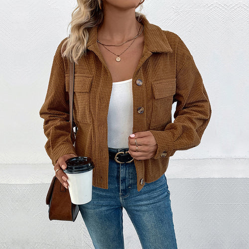 Ladies Khaki Corduroy Jacket with Pockets and Button Closure Amarae