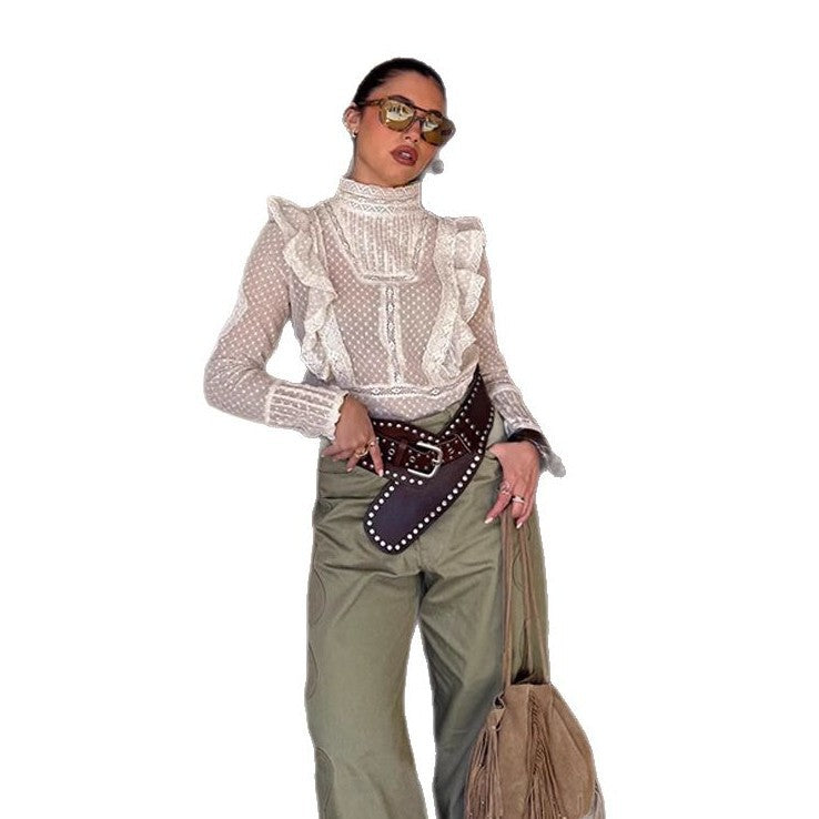 Women's Transparent Dobby Lace Blouse with High Stand-Up Collar, Ruffles & Button Cuffs Amarae