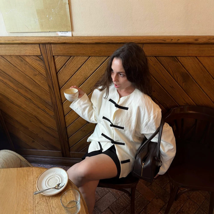 Women's Oversize Boxy Jacket with Toggle Closures and Mandarin Collar Amarae