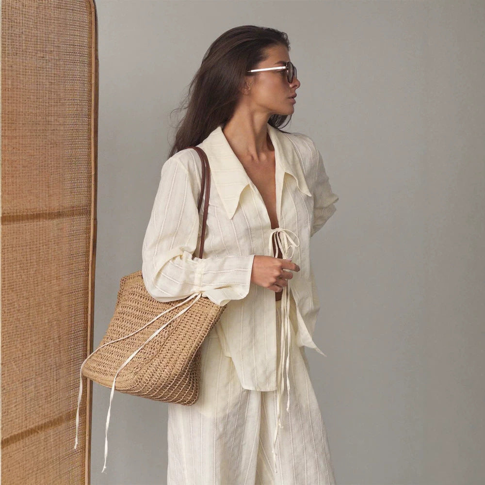 Women Loose Fitting Linen Look Blouse with Decorative Ties and Transparent Stripe Structure Amarae