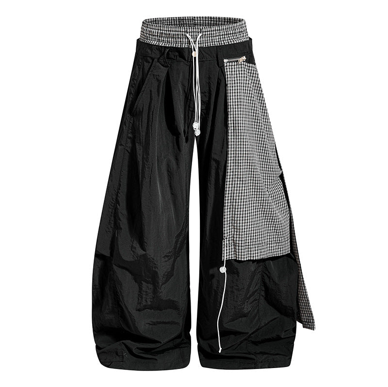 Women's wide baggy pants with asymmetrical check side panel and drawstring Amarae