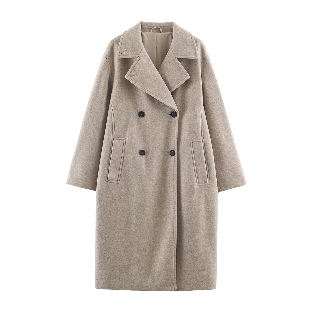 Women Mid-Length Wool Blend Double-Breasted Coat with Wide Lapels and Side Pockets Amarae