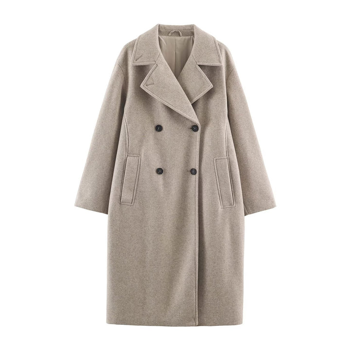 Women Mid-Length Wool Blend Double-Breasted Coat with Wide Lapels and Side Pockets Amarae